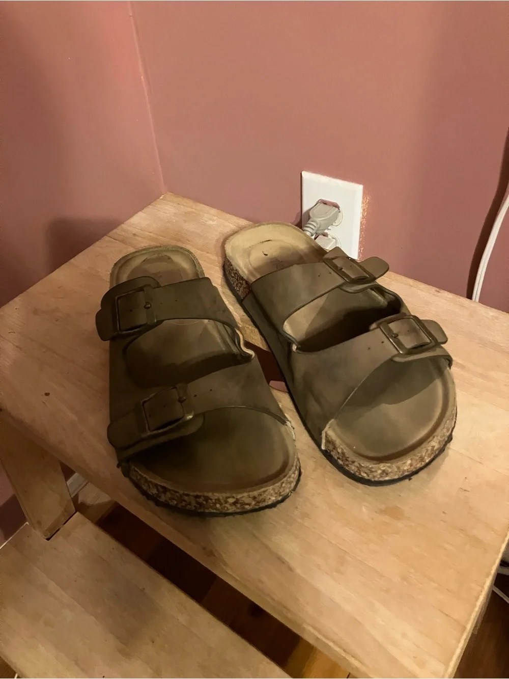 Double Buckle Cork Footbed Sandals in Tan